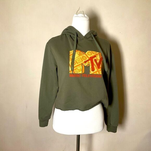 Olive green MTV cropped top hoodie - Picture 1 of 9